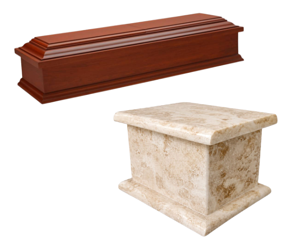 ataud de madera y urna de marmol